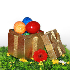 Image showing Easter eggs in a golden package 