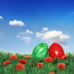 Image showing colored eggs on the green meadow 