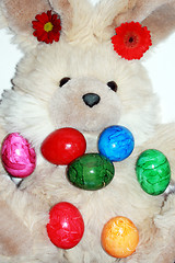 Image showing Easter bunny and colored eggs 