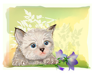 Image showing hand drawn portrait of the fluffy kitten  with bluebell