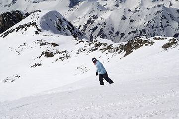 Image showing Snowboarding in high mountains