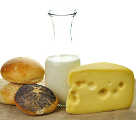 Image showing milk bottle , cheese and fresh rolls