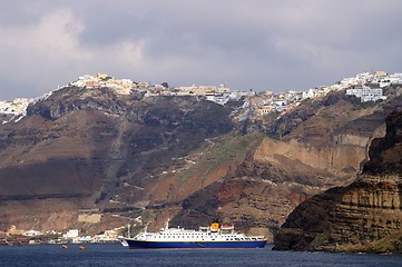 Image showing Cruise ship near Santorini island