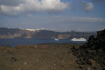 Image showing Cruise ship near Santorini island