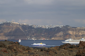 Image showing Cruise ship near Santorini island