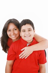 Image showing mother embarce her son on white background