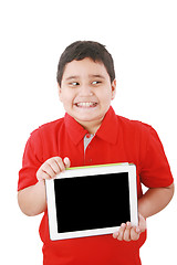 Image showing Portrait of a cute young child happy with his new digital tablet