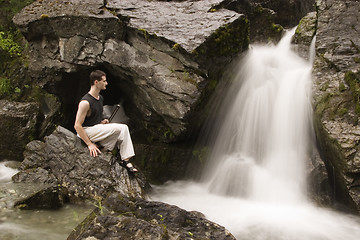 Image showing martial arts - meditation next to waterfall