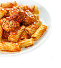 Image showing Rigatoni with tomato sauce and meatballs.