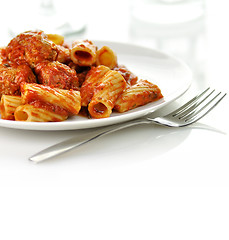 Image showing Rigatoni with tomato sauce and meatballs.