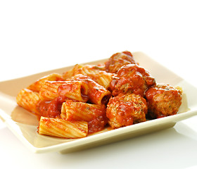 Image showing Rigatoni with tomato sauce and meatballs.