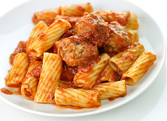 Image showing Rigatoni with tomato sauce and meatballs.