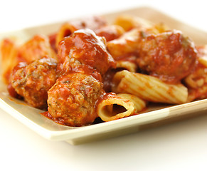 Image showing Rigatoni with tomato sauce and meatballs.