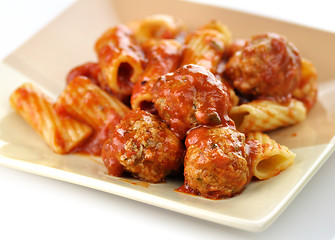 Image showing Rigatoni with tomato sauce and meatballs. 