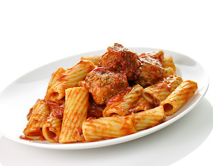 Image showing Rigatoni with tomato sauce and meatballs. 