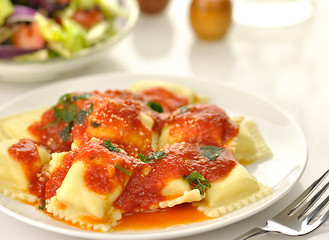 Image showing Ravioli pasta with red tomato sauce