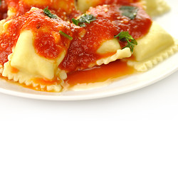 Image showing Ravioli pasta with red tomato sauce 