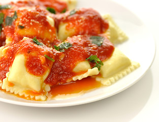 Image showing Ravioli pasta with red tomato sauce 