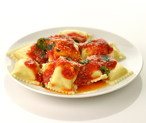 Image showing Ravioli pasta with red tomato sauce 