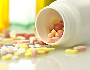 Image showing Medicine bottles and pills close up 