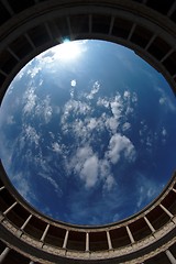 Image showing Fisheye view of sky above Palacio de Carlos V in Granada