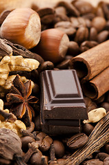 Image showing chocolate with coffee beans, spices and nuts