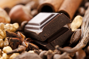 Image showing chocolate with coffee beans, spices and nuts