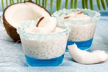 Image showing Coconut pudding with tapioca pearls and litchi jelly