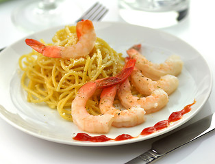 Image showing Spaghetti with shrimps