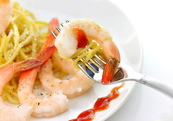 Image showing Spaghetti with shrimps 