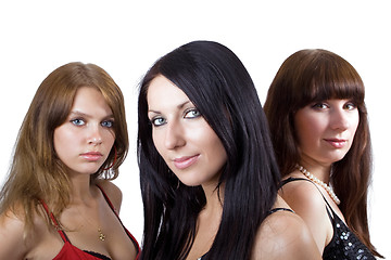 Image showing Portrait of three beautiful young women. Focus on the central gi