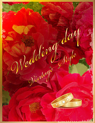 Image showing Vintage wedding card with rings and red roses.