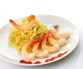 Image showing Spaghetti with shrimps 