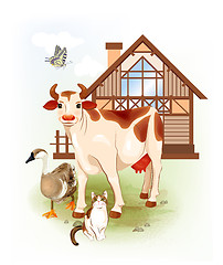 Image showing Country life.  Farm animals. Cow, cat and goose.