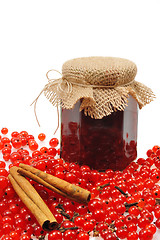 Image showing Jar of homemade red currant jam with fresh fruits