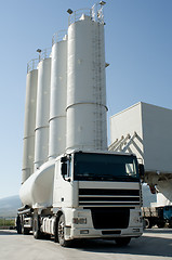 Image showing Cement factory with silos and mixer truck