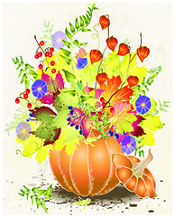 Image showing Greeting card with a pumpkin.Illustration pumpkin, wild grapes, 