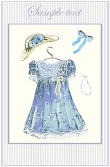 Image showing Greeting card with a dress, hat , bow and a beads   