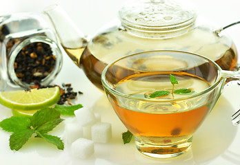 Image showing green tea set with lemon and mint 