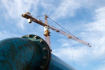 Image showing Blue pipelines at construction site