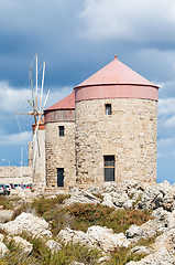 Image showing Medieval Windmills at Mandraki Harbour, Rhodes, Greece