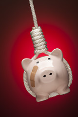 Image showing Piggy Bank with Bandage Hanging in Hangman's Noose on Red