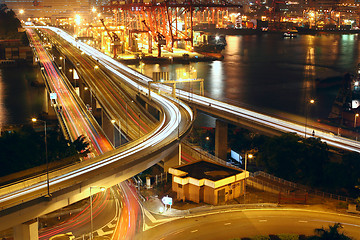 Image showing Overpass at night through the port 