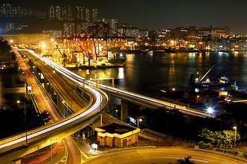 Image showing Overpass at night through the port 