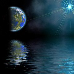 Image showing  illustration: landscape with planet reflected  in water