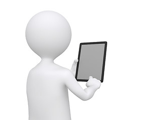 Image showing 3D Businessman holding blank tablet pc. Advertising concept 