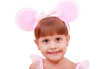 Image showing Portrait of girl with bunny ears headband,  isolated on white ba