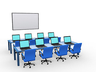 Image showing Modern classroom with computers, 3d render