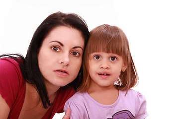Image showing Mother and cute little daughter watch TV in great concentration 