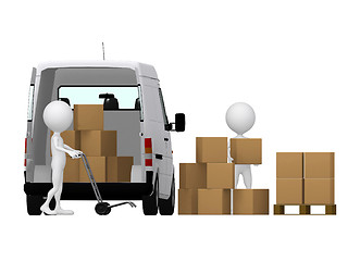 Image showing 3d small persons carrying the hand truck with boxes. Boxes and v